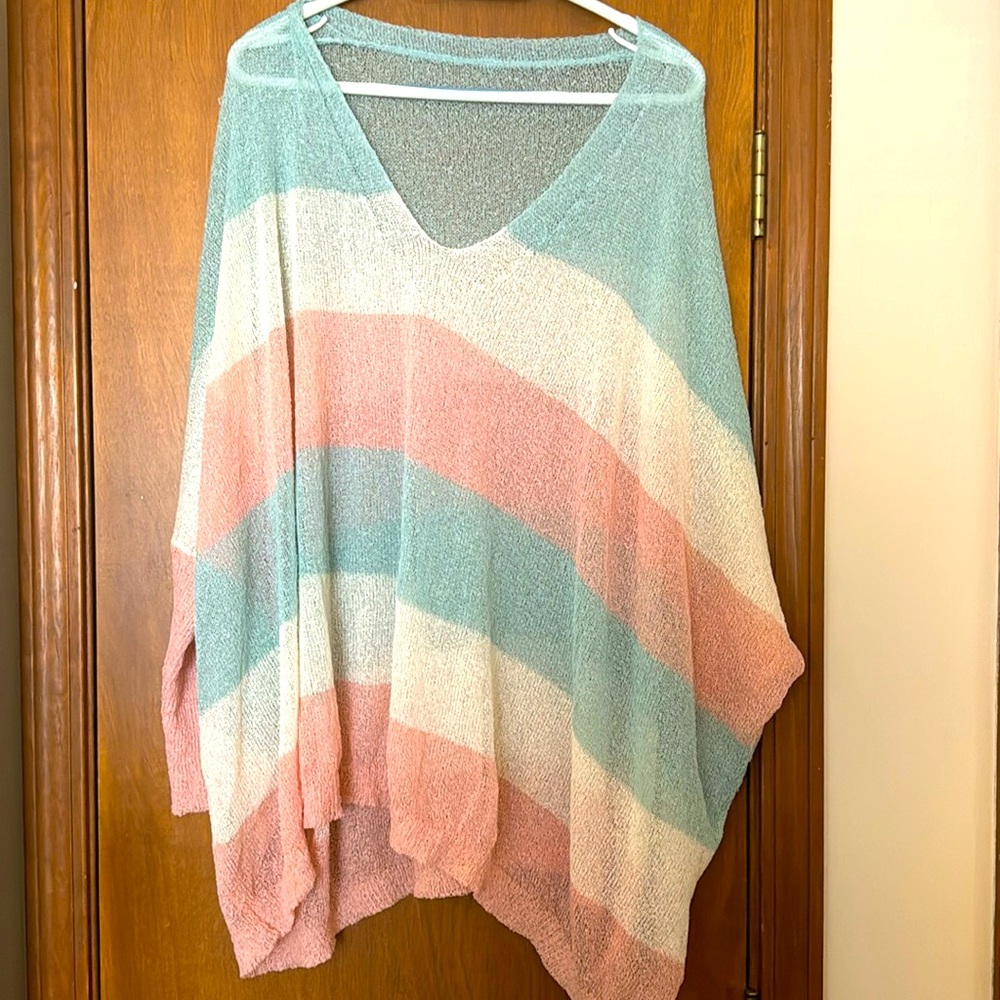 Light blue, white, light pink striped sheer oversized sweater